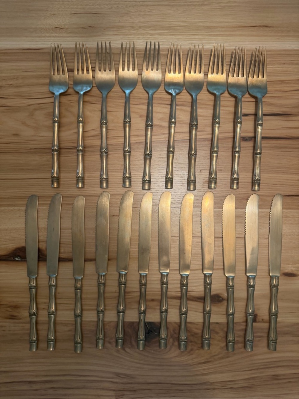 Vintage Brass-Finish Bamboo Handle Fork and Knife Set - 20 Piece